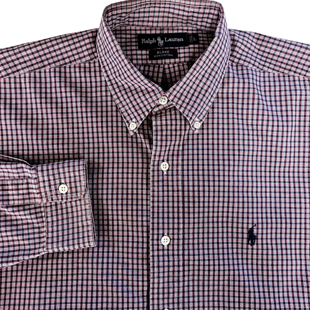 Ralph Lauren Blake Mens Large L‎ Button Down Shirt Navy Red Plaid 100% Cotton